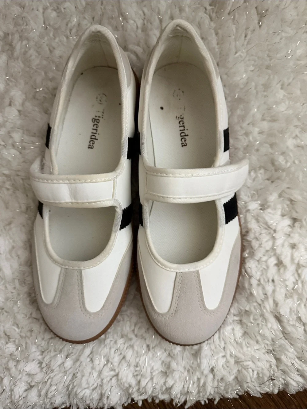 Casual Mary Jane Flats in White and Beige with Black Accent - Picture 3 of 5